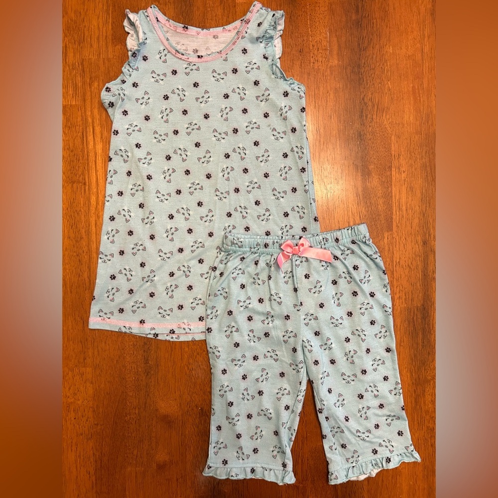 Cat Summer Pajama Set | Girl Size 4T | Soft Sleepwear Tank & Pants | Blue & Pink
